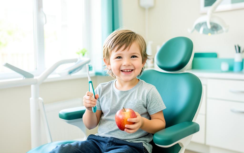 Happy child sitting in a dental chair holding a toothbrush and an apple