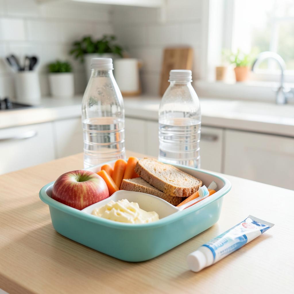 Healthy school lunchbox with water, apple, carrot sticks and sandwich