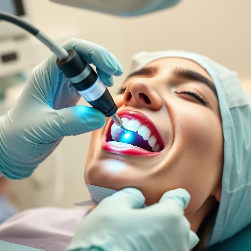 Dentist using a curing light during a bonding treatment