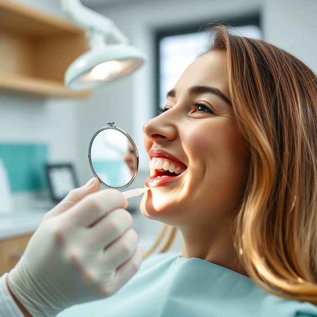 Dentist examining a smiling patient's teeth with a mirror