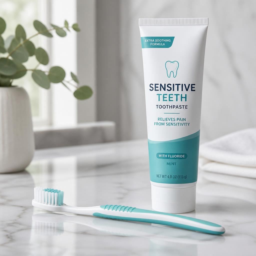 Soft toothbrush and fluoride toothpaste on a bathroom counter