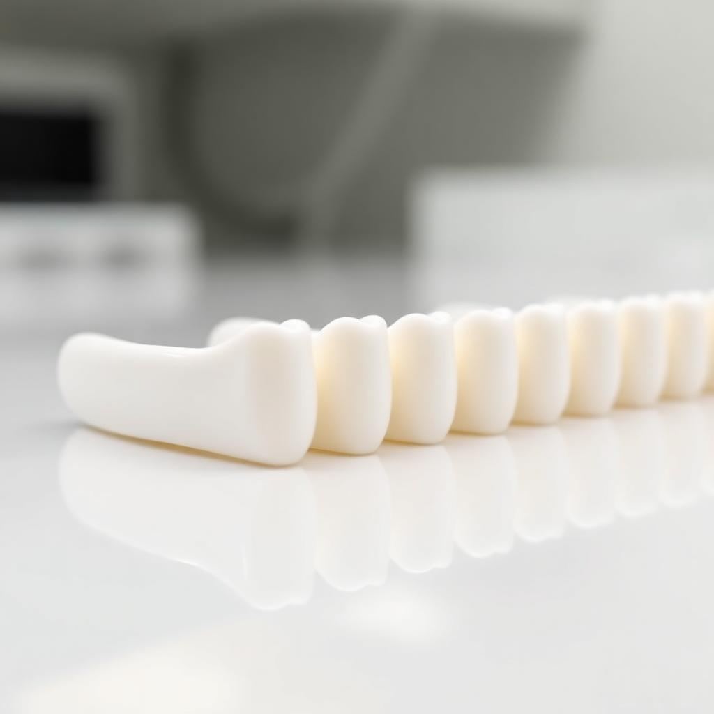 Row of thin porcelain dental veneers on a clean white surface