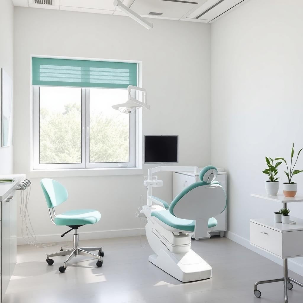Modern dental treatment room with teal and white tones