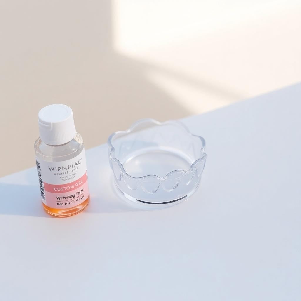 Custom whitening trays beside a small bottle of whitening gel